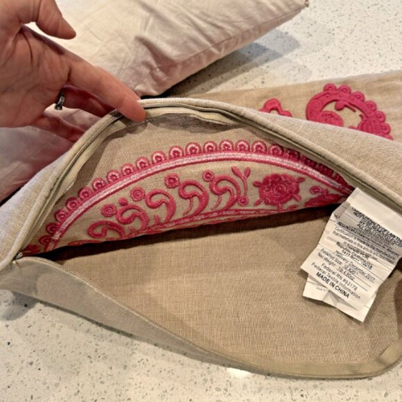 Magaschoni Home Decorative Down Throw Pillow 12x20" Hot Pink Paisley 100% Linen - Picture 7 of 9